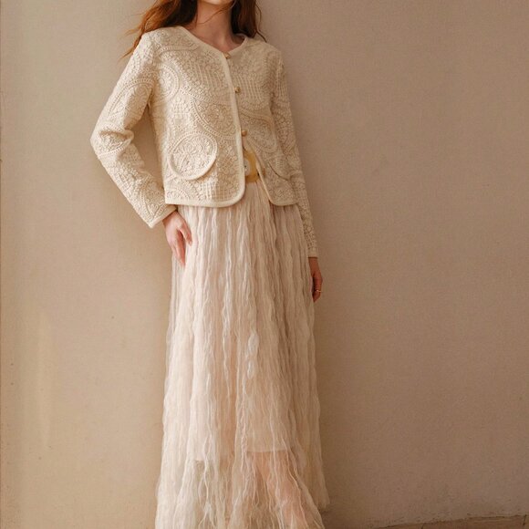 Apricot Elegant Women's Hollow-Out Bohemian Cashew Flower Pattern Coat - Picture 4 of 7